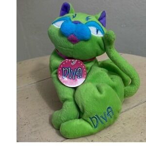 NWT Floppy Friends Cool Cat Diva Plush Lime Green Purple Blue Bean Bag Toy 7"